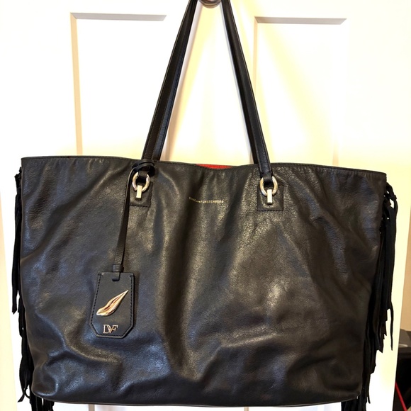 NEW~Diane Von Furstenberg Black Leather Tote/ Purse~Suede SideFringe~Red Lining - Picture 10 of 16
